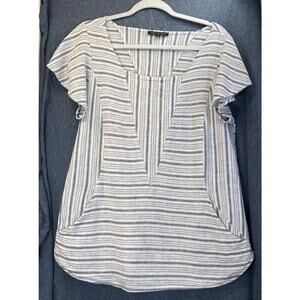 For Cynthia Womens Cream/Blue XL Hip Pockets Boat Neck Linen Blends Blouse FLAW